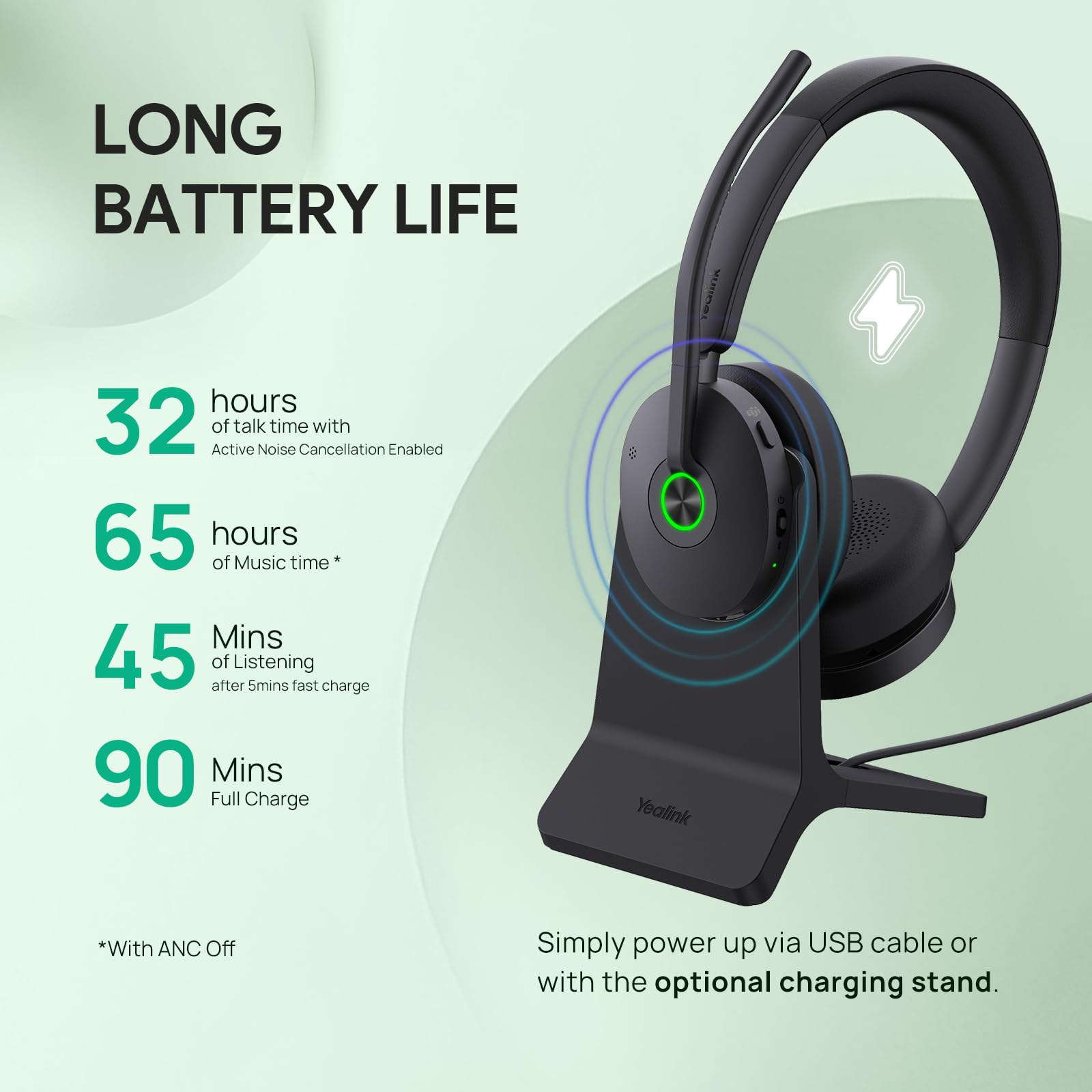 Yealink BH74 with Stand ANC Wireless Bluetooth Headset with Microphone, 6 AI Mic Noise Cancelling, On Ear Work Headsets for PC, 32H Talking Battery Life, Microsoft Teams Premium Open Office Certified