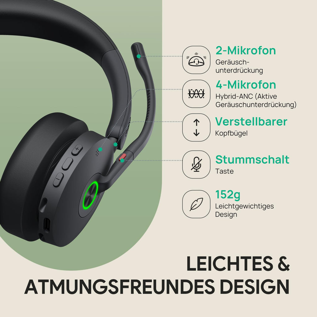 Yealink BH74 with Stand ANC Wireless Bluetooth Headset with Microphone, 6 AI Mic Noise Cancelling, On Ear Work Headsets for PC, 32H Talking Battery Life, Microsoft Teams Premium Open Office Certified