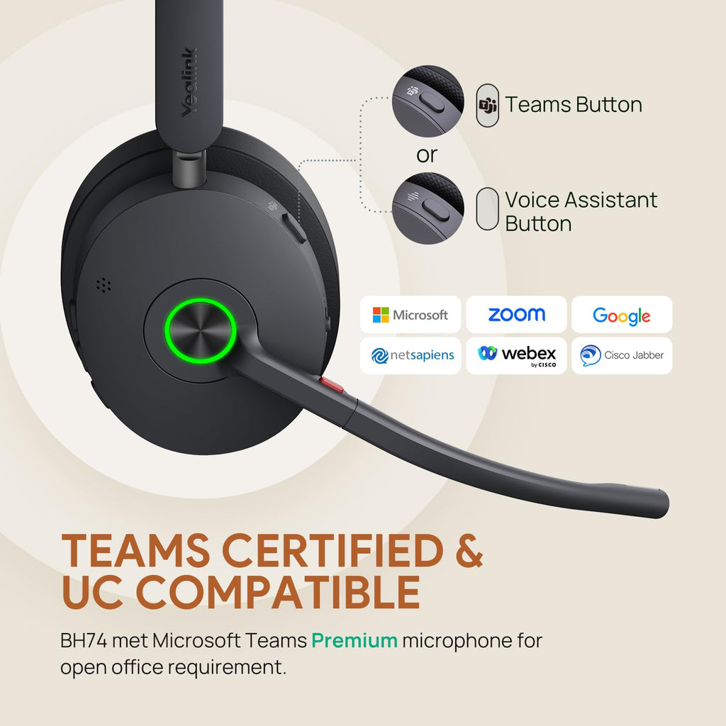 Yealink BH74 with Stand ANC Wireless Bluetooth Headset with Microphone, 6 AI Mic Noise Cancelling, On Ear Work Headsets for PC, 32H Talking Battery Life, Microsoft Teams Premium Open Office Certified