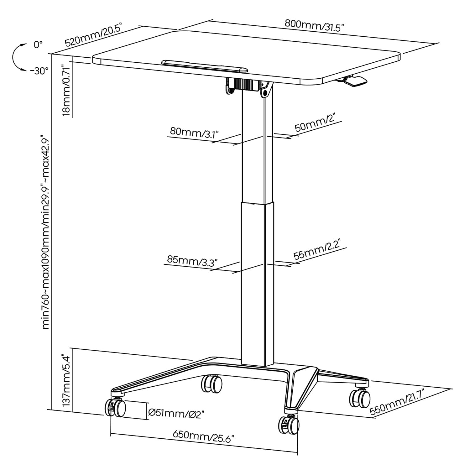 Maclean MC-453 B Table Mobile pour Ordinateur Portable Noir 80 x 52 cm