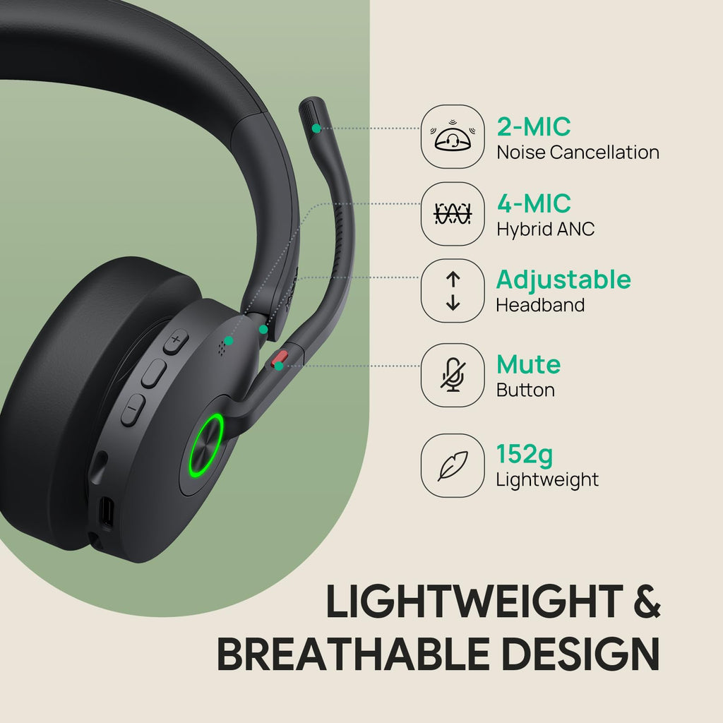 Yealink BH74 with Stand ANC Wireless Bluetooth Headset with Microphone, 6 AI Mic Noise Cancelling, On Ear Work Headsets for PC, 32H Talking Battery Life, Microsoft Teams Premium Open Office Certified