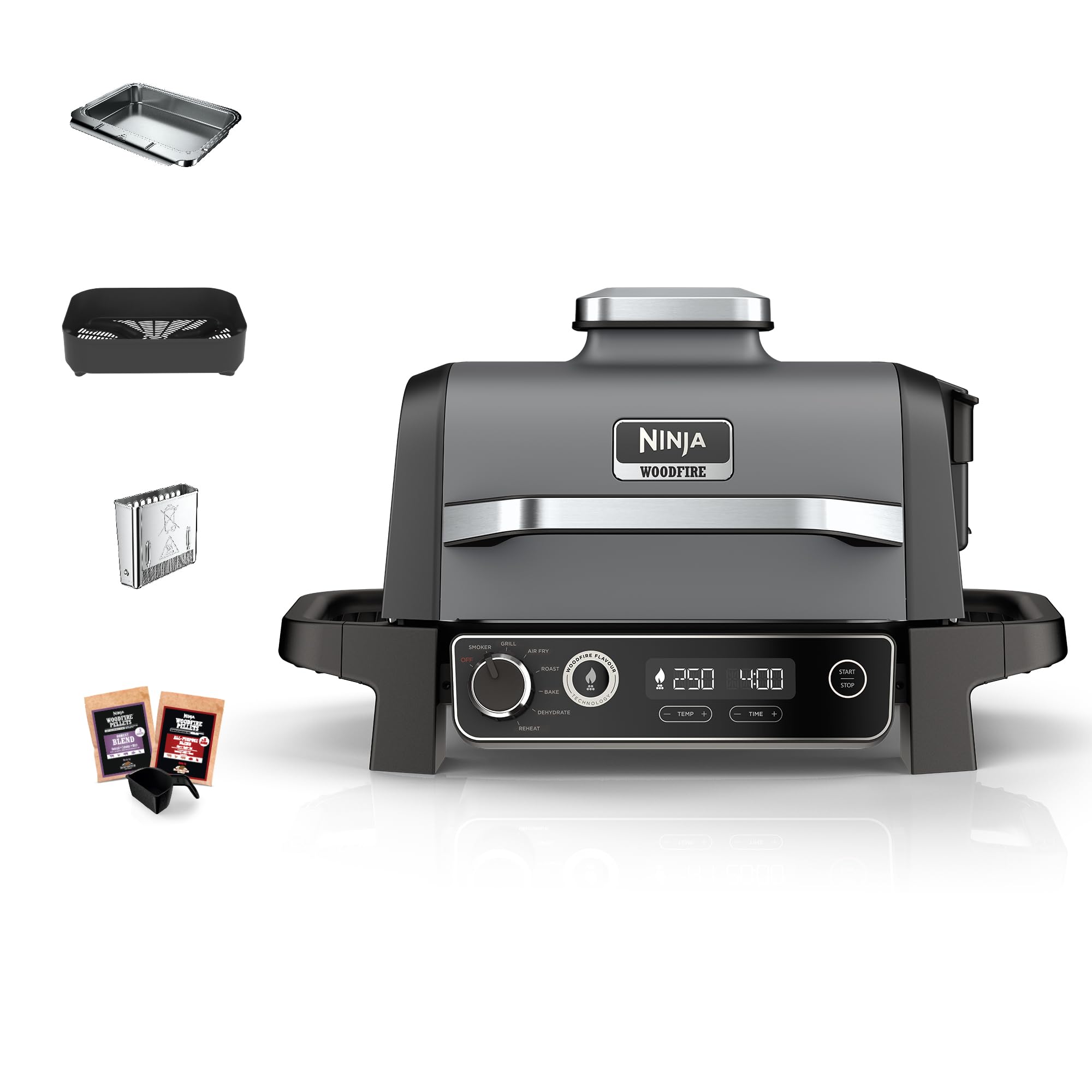 Ninja Woodfire Pro Connect XL BBQ Électrique Grill & Fumoir, Contrôle via App, Sonde Numérique, Grill Extérieur 7-en-1 & Friteuse sans huile, Pellets de Bois, Résistant aux Intempéries, Noir OG901EU
