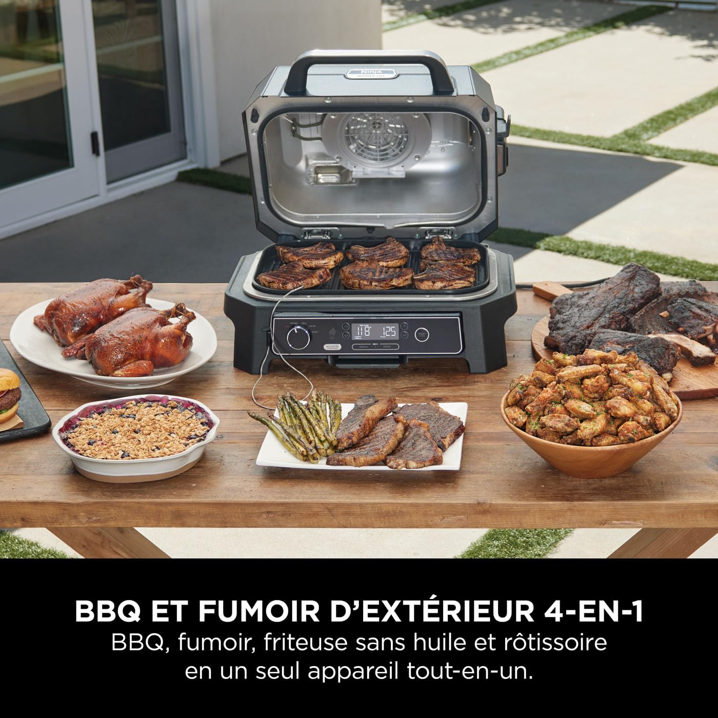 Ninja Woodfire Pro Connect XL BBQ Électrique Grill & Fumoir, Contrôle via App, Sonde Numérique, Grill Extérieur 7-en-1 & Friteuse sans huile, Pellets de Bois, Résistant aux Intempéries, Noir OG901EU