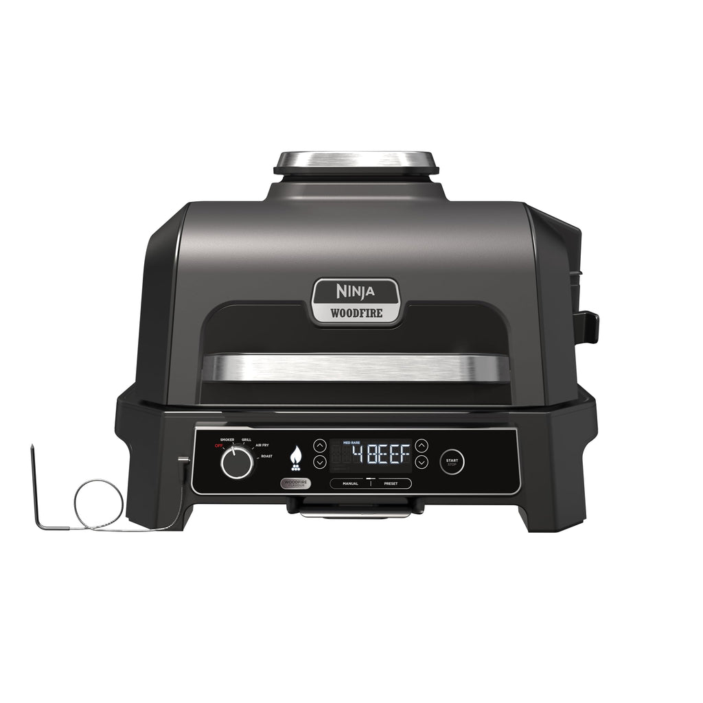 Ninja Woodfire Pro Connect XL BBQ Électrique Grill & Fumoir, Contrôle via App, Sonde Numérique, Grill Extérieur 7-en-1 & Friteuse sans huile, Pellets de Bois, Résistant aux Intempéries, Noir OG901EU