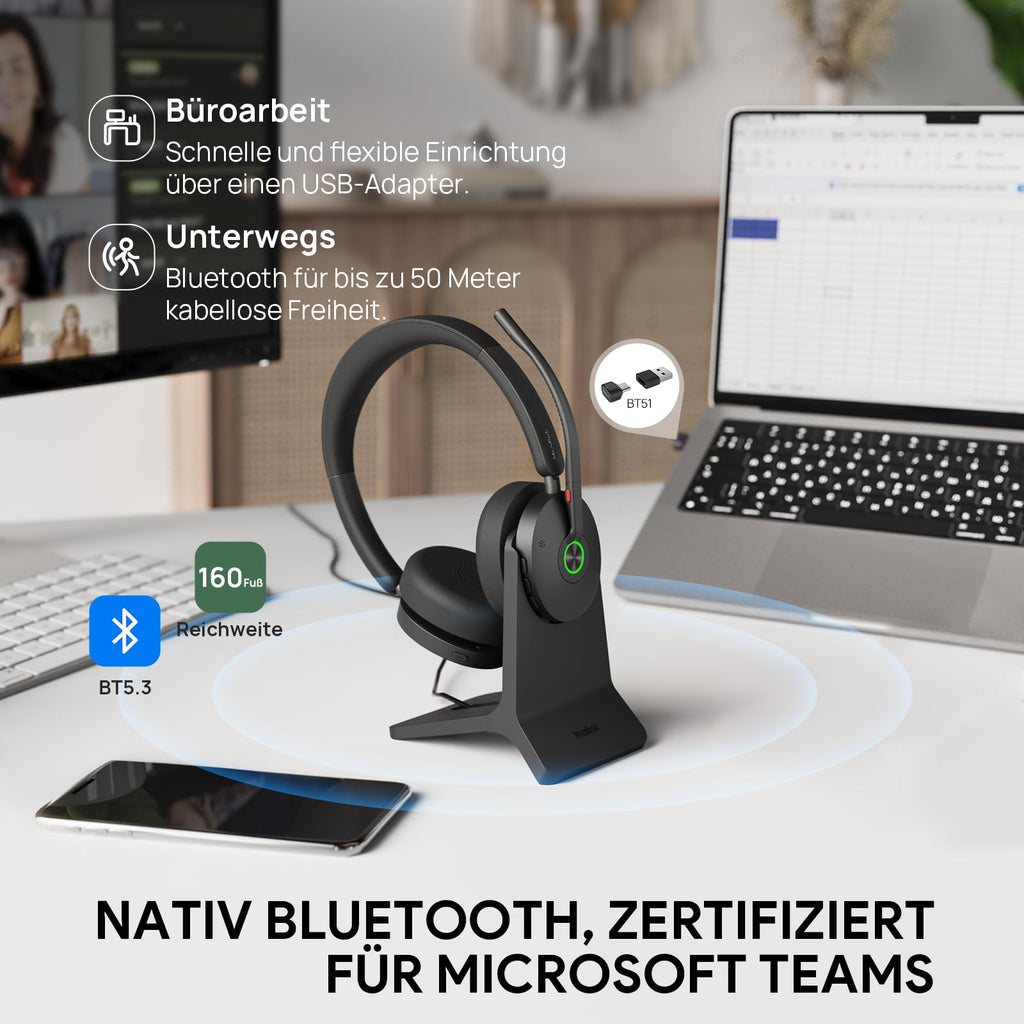Yealink BH74 with Stand ANC Wireless Bluetooth Headset with Microphone, 6 AI Mic Noise Cancelling, On Ear Work Headsets for PC, 32H Talking Battery Life, Microsoft Teams Premium Open Office Certified