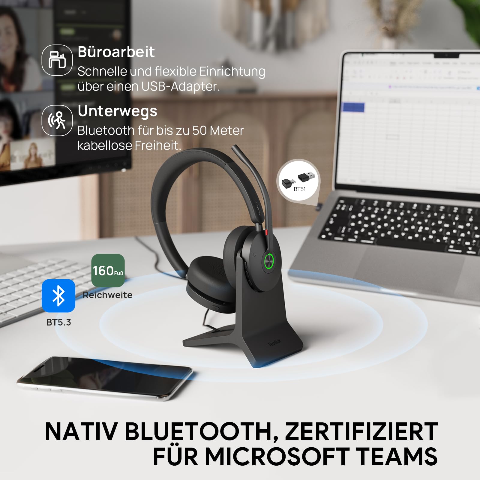Yealink BH74 with Stand ANC Wireless Bluetooth Headset with Microphone, 6 AI Mic Noise Cancelling, On Ear Work Headsets for PC, 32H Talking Battery Life, Microsoft Teams Premium Open Office Certified
