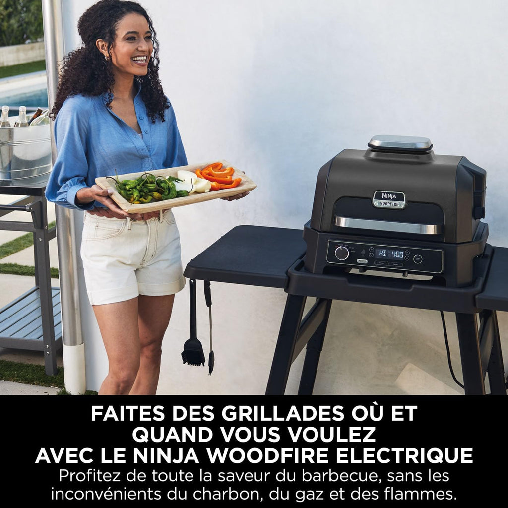 Ninja Woodfire Pro Connect XL BBQ Électrique Grill & Fumoir, Contrôle via App, Sonde Numérique, Grill Extérieur 7-en-1 & Friteuse sans huile, Pellets de Bois, Résistant aux Intempéries, Noir OG901EU
