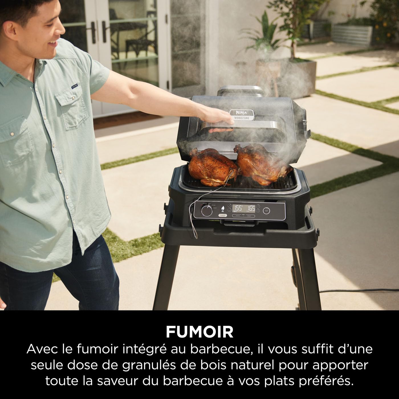 Ninja Woodfire Pro Connect XL BBQ Électrique Grill & Fumoir, Contrôle via App, Sonde Numérique, Grill Extérieur 7-en-1 & Friteuse sans huile, Pellets de Bois, Résistant aux Intempéries, Noir OG901EU