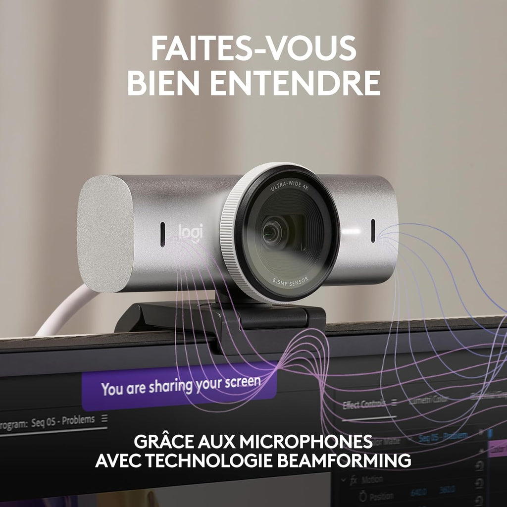 Logitech MX Brio 4K Ultra HD 1080p 60fps Streaming &amp; Collaboration Webcam, 2 Microphones with Noise Reduction, Show Mode, USB-C, Cache for Webcam, Microsoft Teams, Zoom, Google Meet, Pale Grey