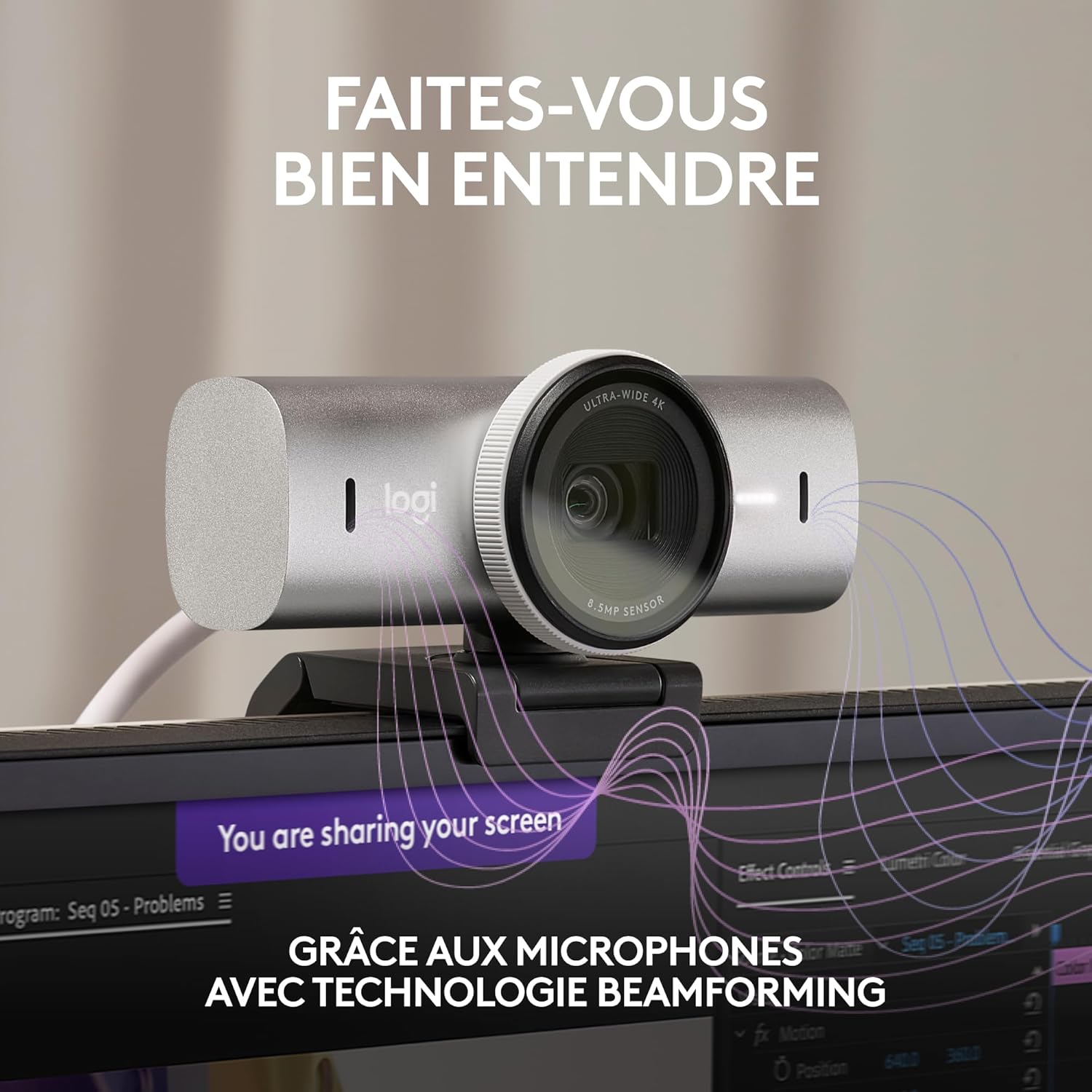 Logitech MX Brio 4K Ultra HD 1080p 60fps Streaming &amp; Collaboration Webcam, 2 Microphones with Noise Reduction, Show Mode, USB-C, Cache for Webcam, Microsoft Teams, Zoom, Google Meet, Pale Grey