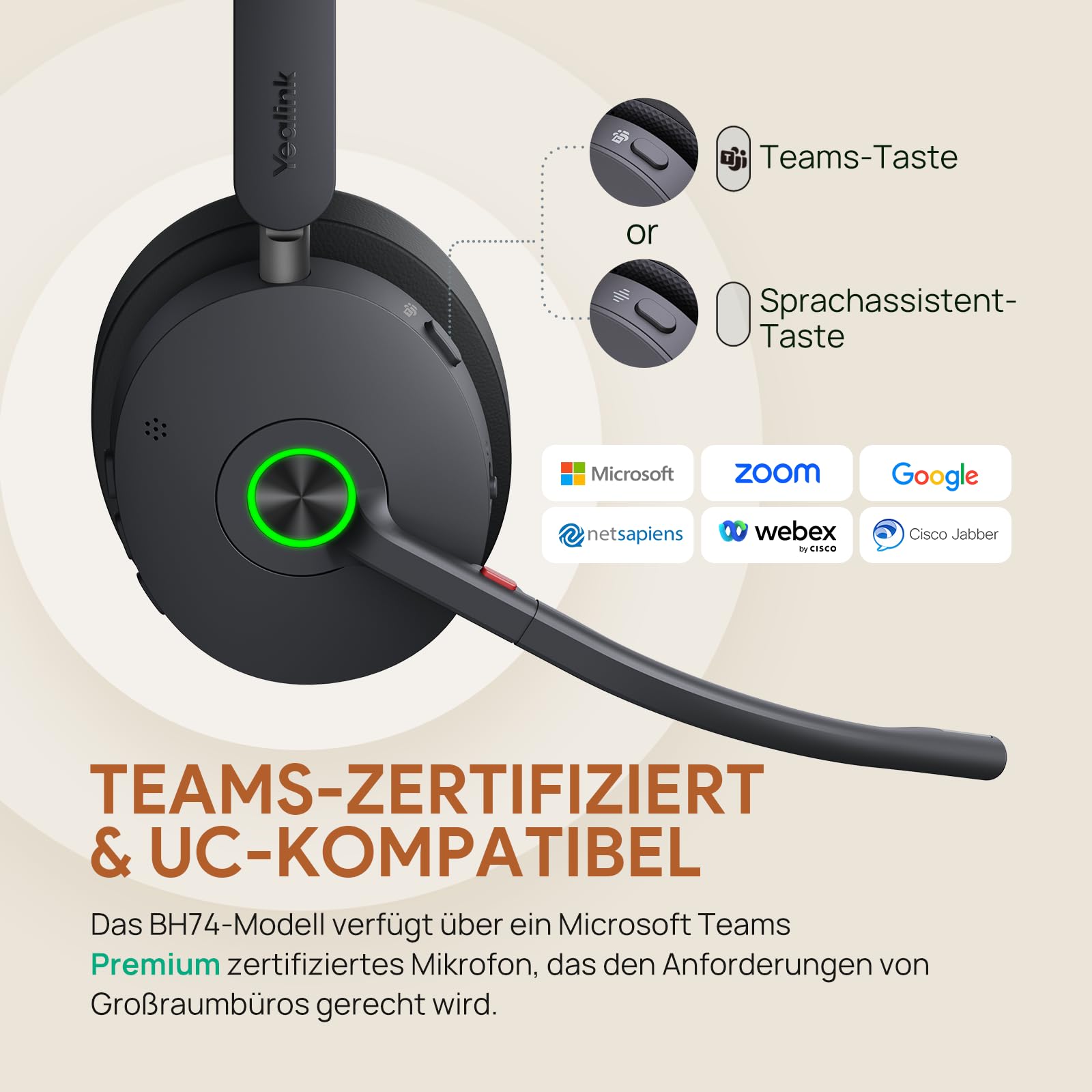 Yealink BH74 with Stand ANC Wireless Bluetooth Headset with Microphone, 6 AI Mic Noise Cancelling, On Ear Work Headsets for PC, 32H Talking Battery Life, Microsoft Teams Premium Open Office Certified