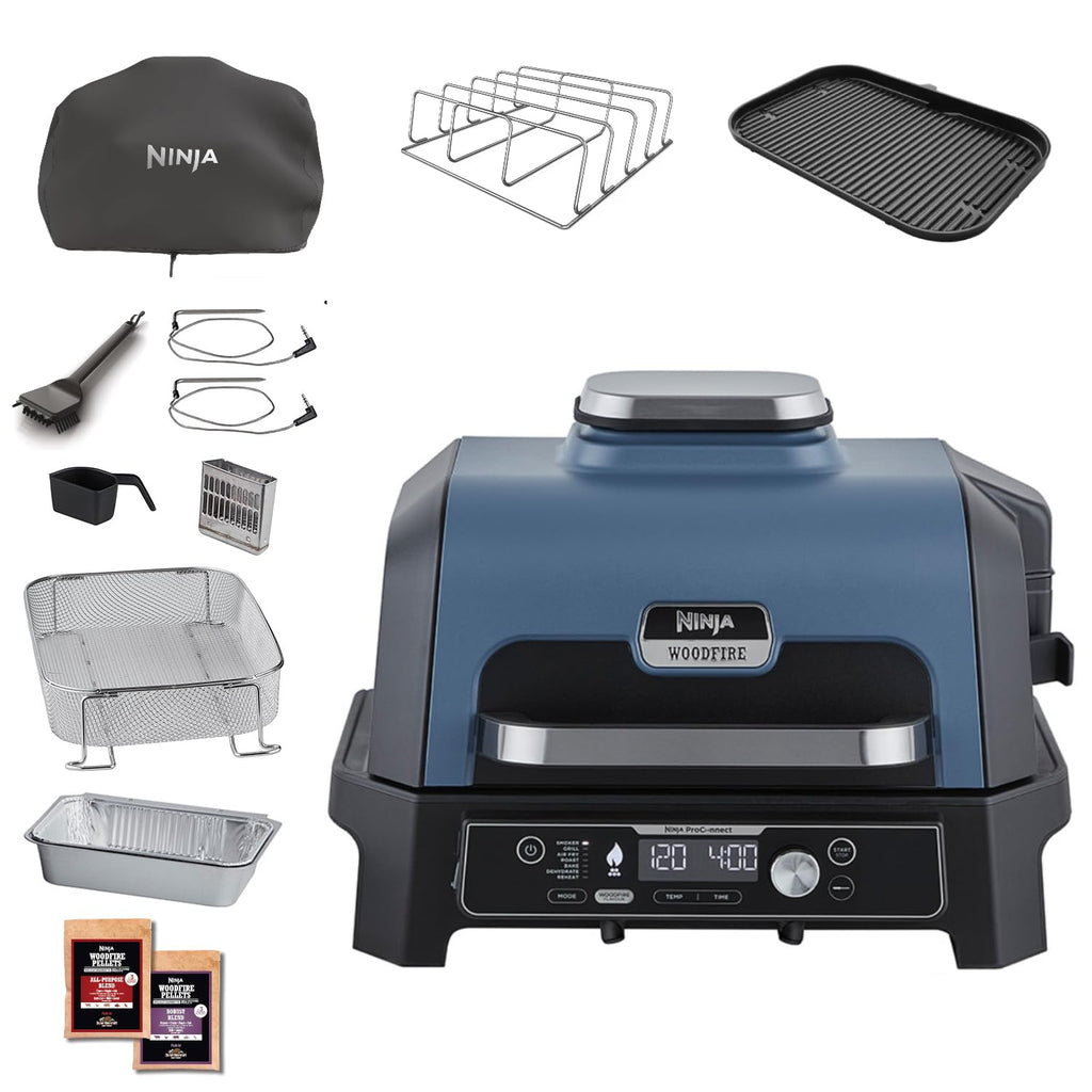 Ninja Woodfire Pro Connect XL BBQ Électrique Grill & Fumoir, Contrôle via App, Sonde Numérique, Grill Extérieur 7-en-1 & Friteuse sans huile, Pellets de Bois, Résistant aux Intempéries, Noir OG901EU