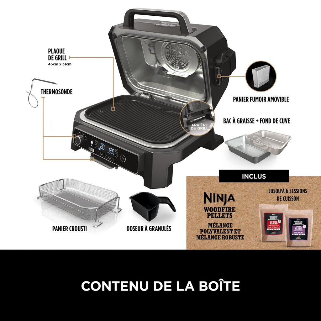Ninja Woodfire Pro Connect XL BBQ Électrique Grill & Fumoir, Contrôle via App, Sonde Numérique, Grill Extérieur 7-en-1 & Friteuse sans huile, Pellets de Bois, Résistant aux Intempéries, Noir OG901EU