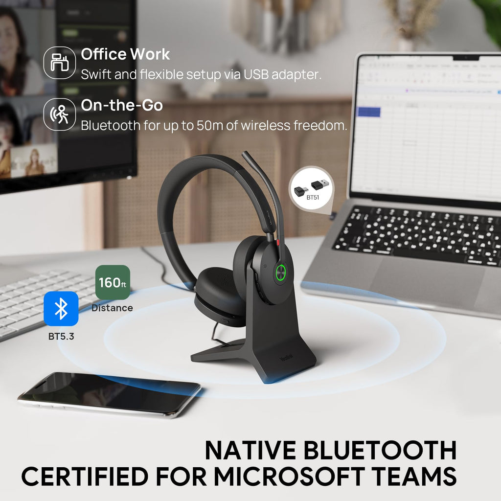 Yealink BH74 with Stand ANC Wireless Bluetooth Headset with Microphone, 6 AI Mic Noise Cancelling, On Ear Work Headsets for PC, 32H Talking Battery Life, Microsoft Teams Premium Open Office Certified