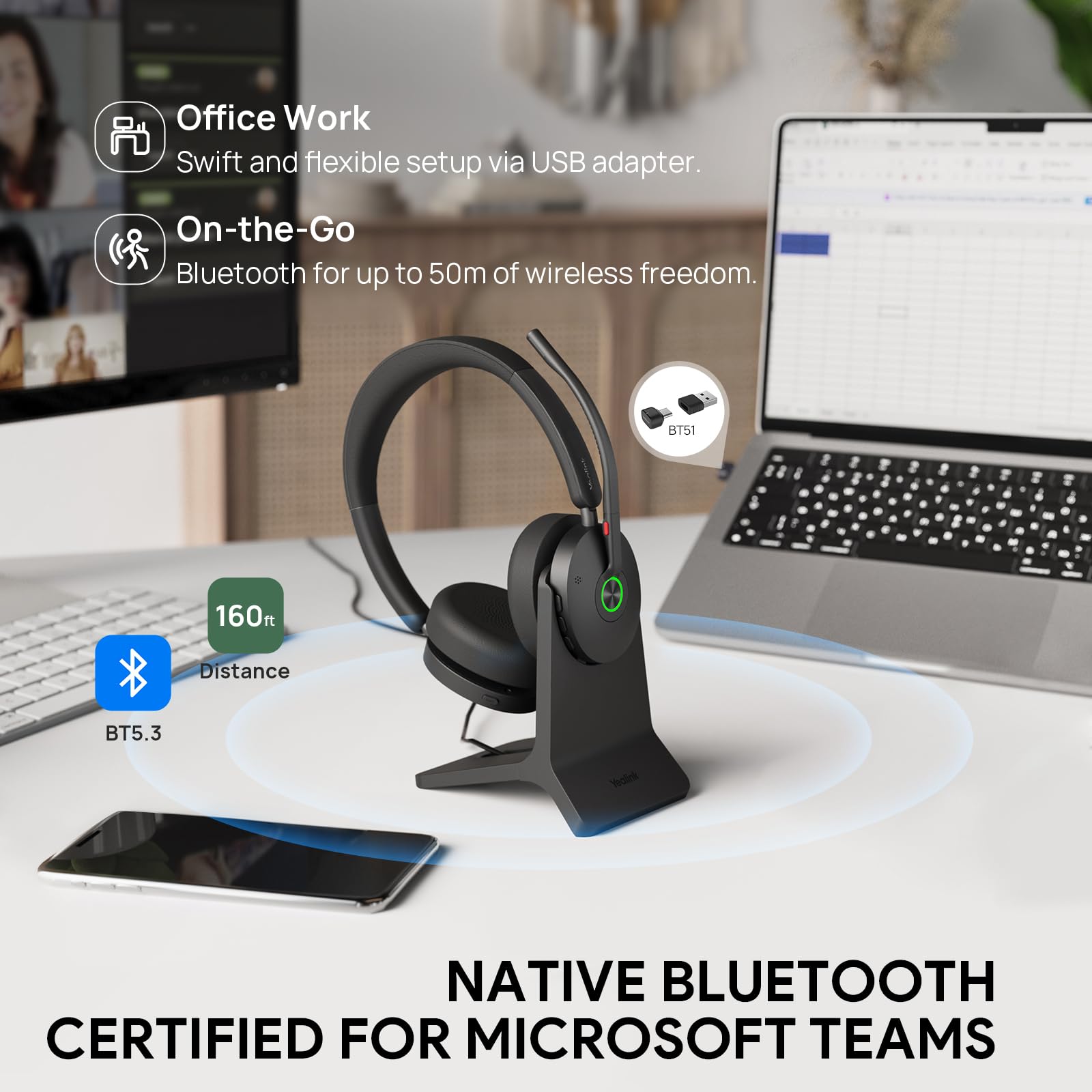 Yealink BH74 with Stand ANC Wireless Bluetooth Headset with Microphone, 6 AI Mic Noise Cancelling, On Ear Work Headsets for PC, 32H Talking Battery Life, Microsoft Teams Premium Open Office Certified