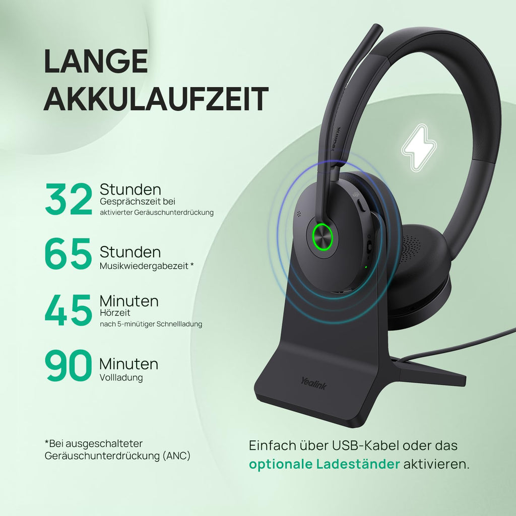 Yealink BH74 with Stand ANC Wireless Bluetooth Headset with Microphone, 6 AI Mic Noise Cancelling, On Ear Work Headsets for PC, 32H Talking Battery Life, Microsoft Teams Premium Open Office Certified