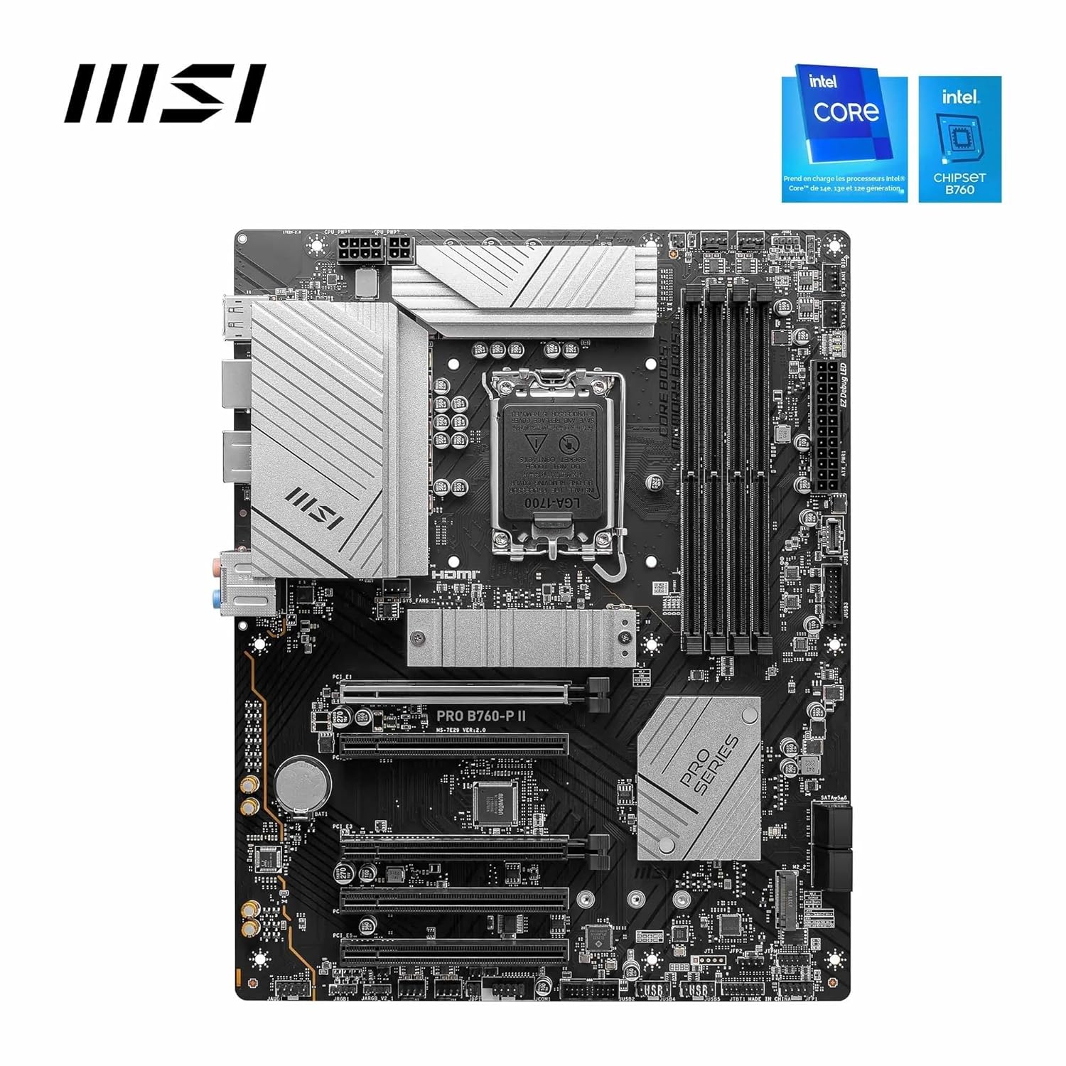 MSI Pro B760-P II Carte mère, ATX - pour Les processeurs Intel Core 14ème, 13ème et 12ème gén, LGA 1700 - DDR5 Memory Boost 7000+MHz/OC, Slots PCIe 4.0 x16, Slots M.2 Gen4, LAN 2.5G