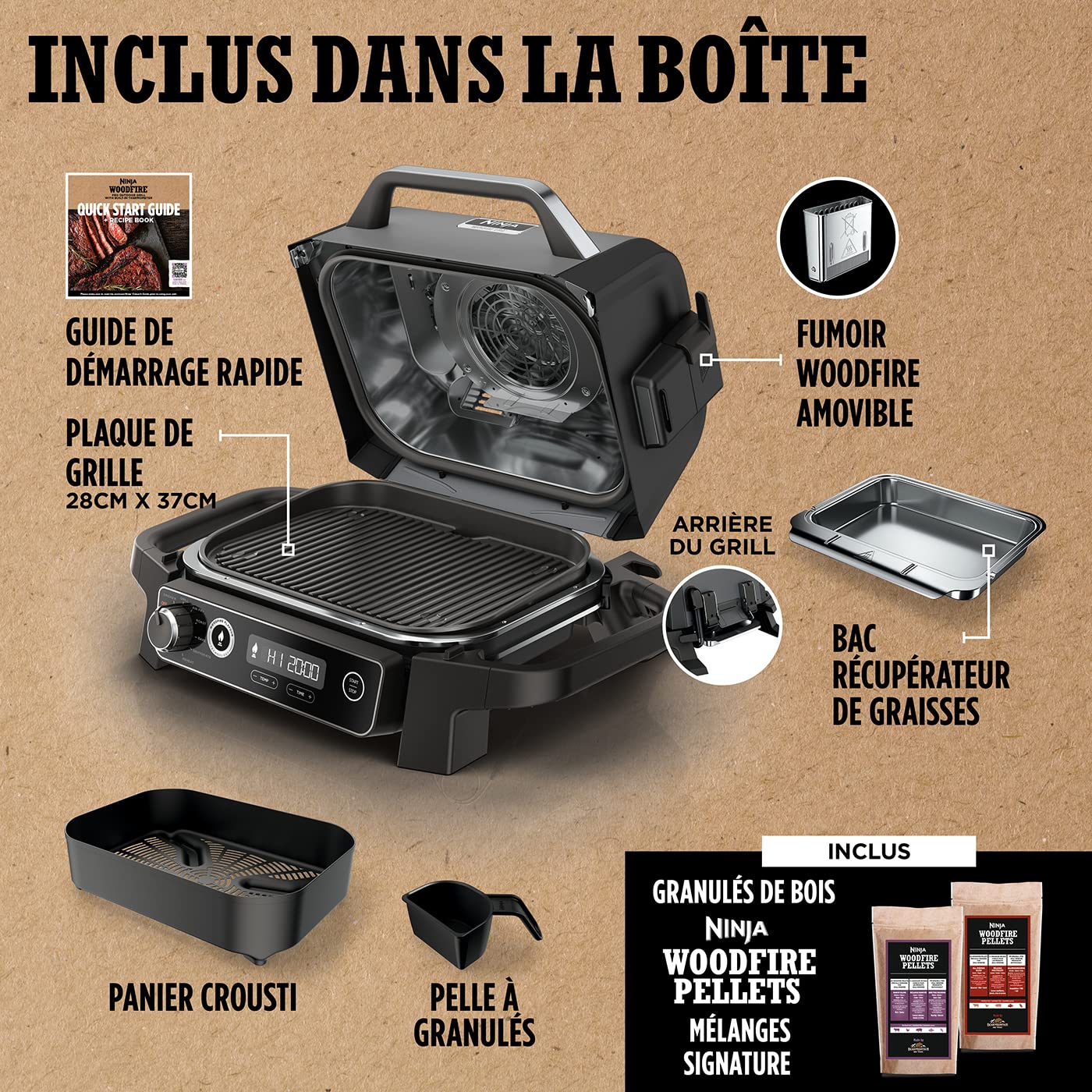 Ninja Woodfire Pro Connect XL BBQ Électrique Grill & Fumoir, Contrôle via App, Sonde Numérique, Grill Extérieur 7-en-1 & Friteuse sans huile, Pellets de Bois, Résistant aux Intempéries, Noir OG901EU