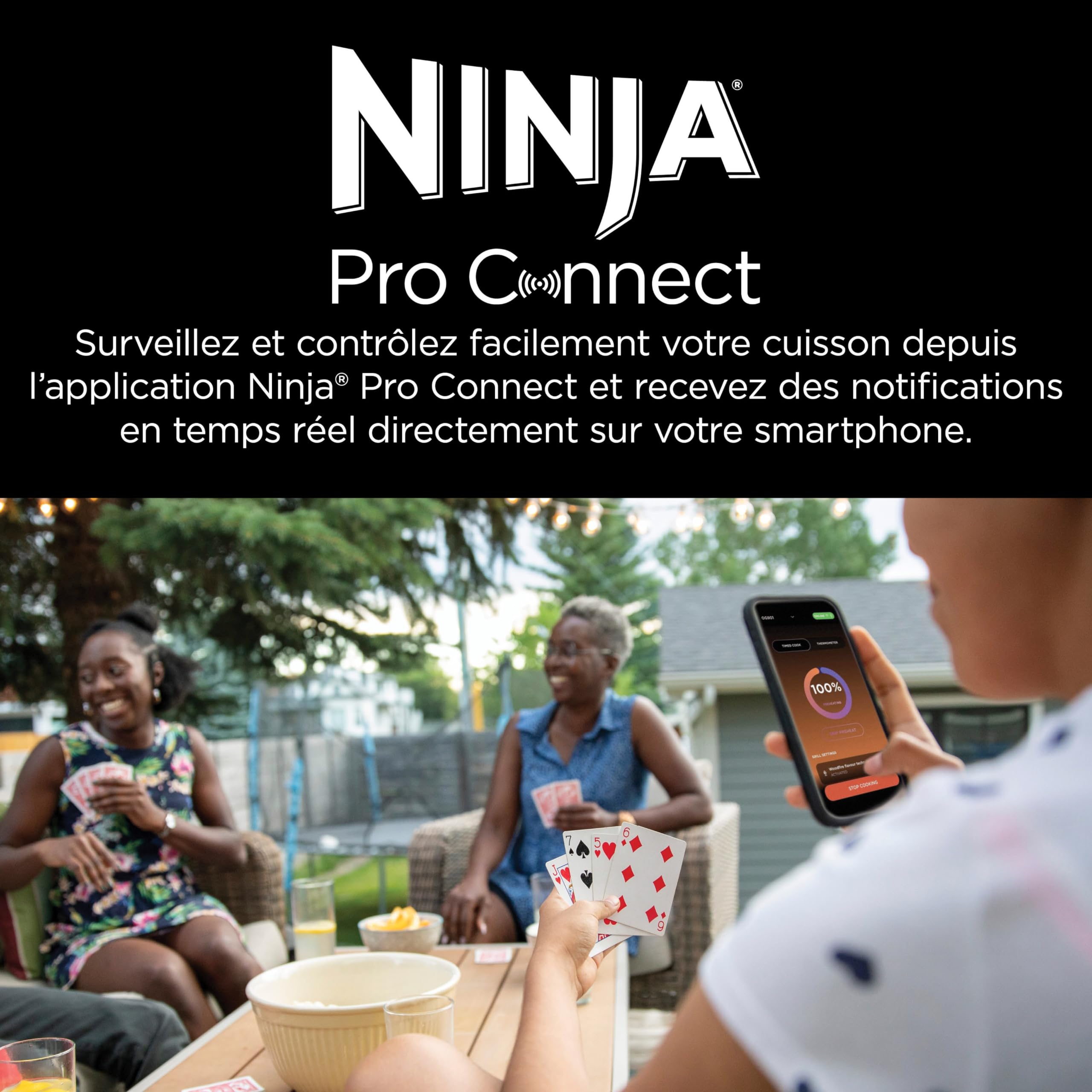 Ninja Woodfire Pro Connect XL BBQ Électrique Grill & Fumoir, Contrôle via App, Sonde Numérique, Grill Extérieur 7-en-1 & Friteuse sans huile, Pellets de Bois, Résistant aux Intempéries, Noir OG901EU