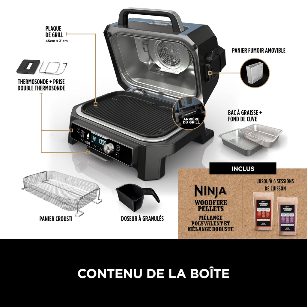 Ninja Woodfire Pro Connect XL BBQ Électrique Grill & Fumoir, Contrôle via App, Sonde Numérique, Grill Extérieur 7-en-1 & Friteuse sans huile, Pellets de Bois, Résistant aux Intempéries, Noir OG901EU