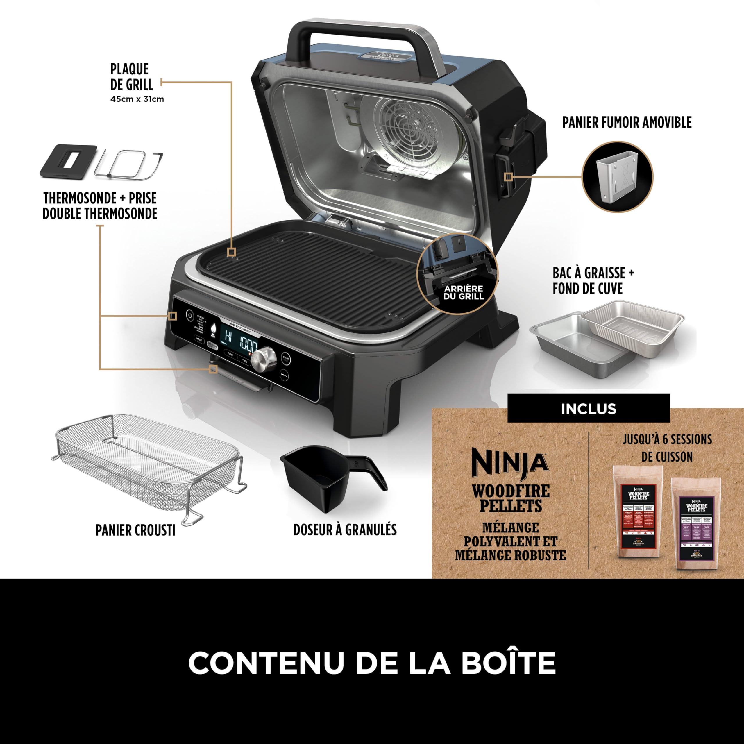 Ninja Woodfire Pro Connect XL BBQ Électrique Grill & Fumoir, Contrôle via App, Sonde Numérique, Grill Extérieur 7-en-1 & Friteuse sans huile, Pellets de Bois, Résistant aux Intempéries, Noir OG901EU