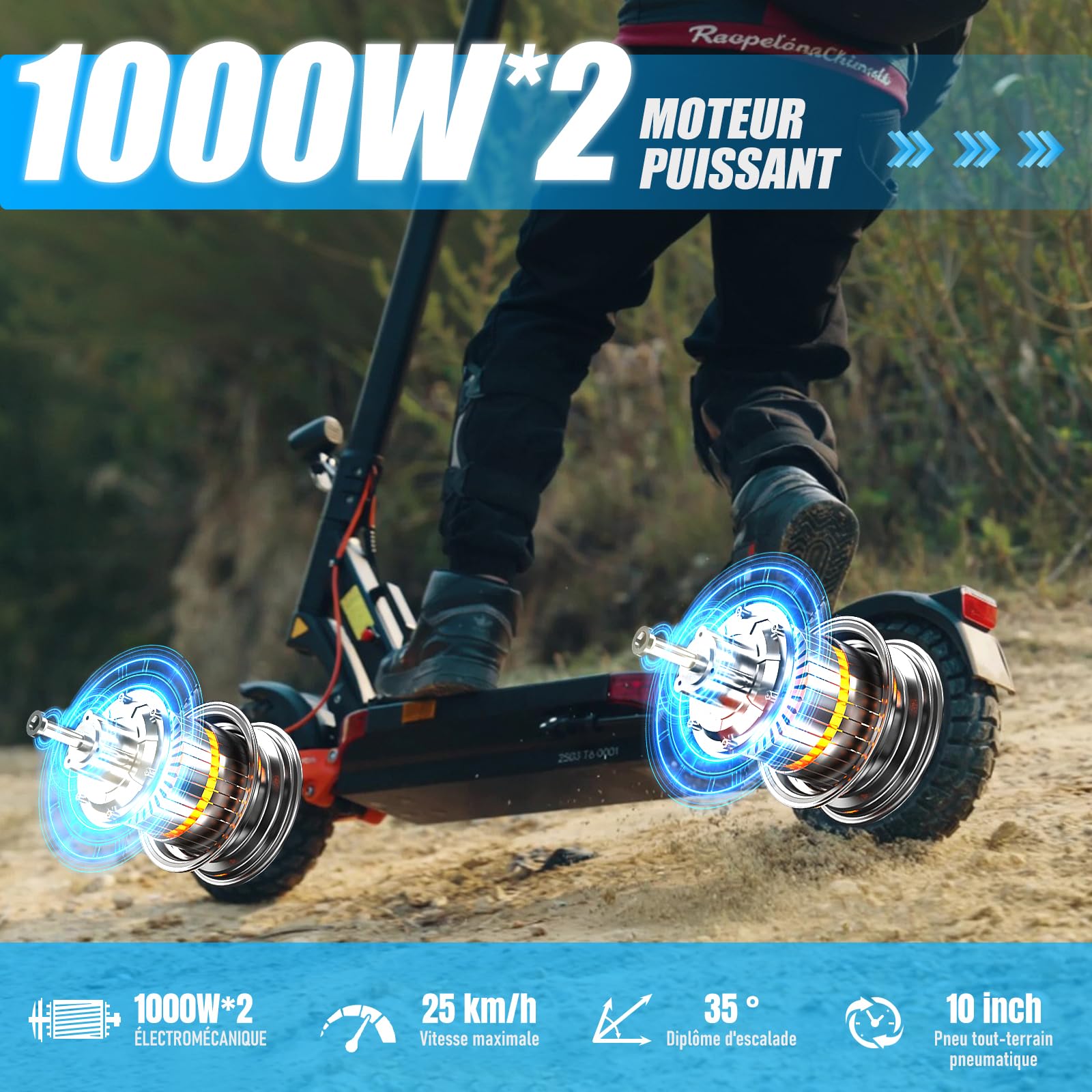 T10 Trottinette Electrique Adulte Moteur 2*(1000W) Batterie 60V 18Ah Trotinette Electrique Autonomie 70-85 KM, Amortisseur Hydraulique,Frein Hydraulique(Démarrage antivol NFC