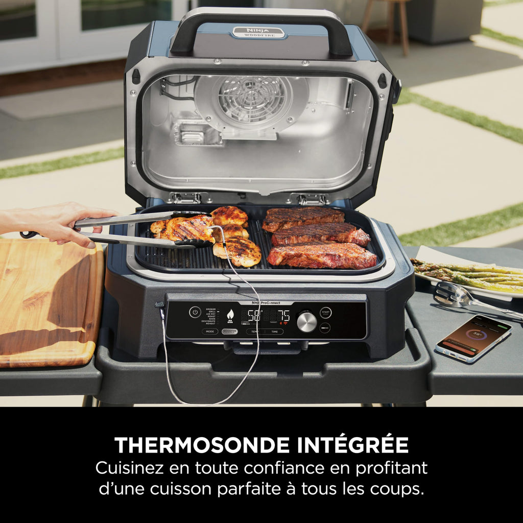 Ninja Woodfire Pro Connect XL BBQ Électrique Grill & Fumoir, Contrôle via App, Sonde Numérique, Grill Extérieur 7-en-1 & Friteuse sans huile, Pellets de Bois, Résistant aux Intempéries, Noir OG901EU
