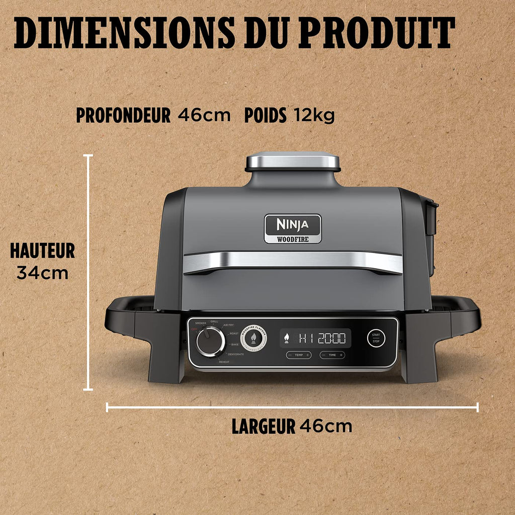 Ninja Woodfire Pro Connect XL BBQ Électrique Grill & Fumoir, Contrôle via App, Sonde Numérique, Grill Extérieur 7-en-1 & Friteuse sans huile, Pellets de Bois, Résistant aux Intempéries, Noir OG901EU
