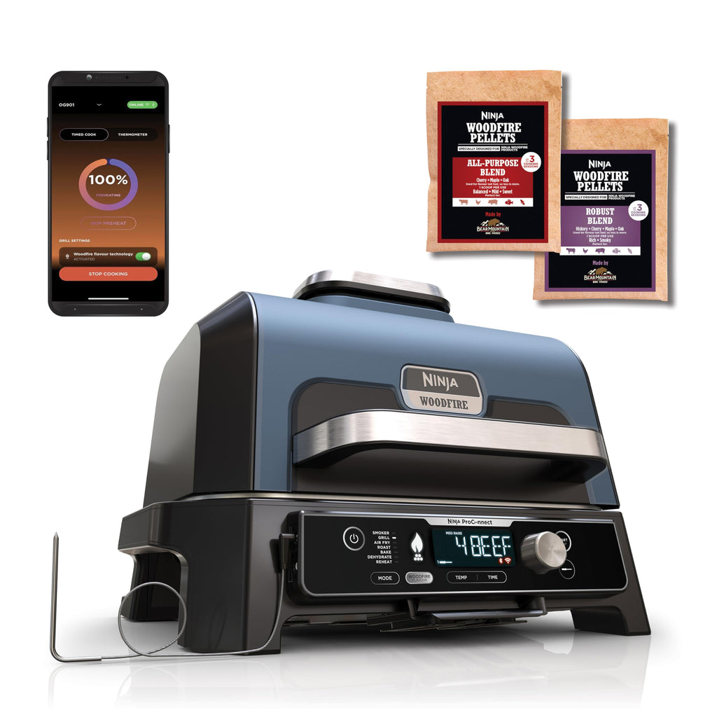 Ninja Woodfire Pro Connect XL BBQ Électrique Grill & Fumoir, Contrôle via App, Sonde Numérique, Grill Extérieur 7-en-1 & Friteuse sans huile, Pellets de Bois, Résistant aux Intempéries, Noir OG901EU