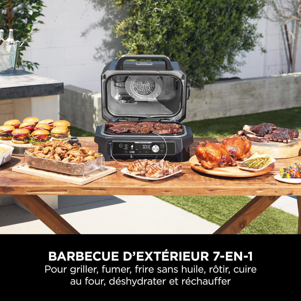 Ninja Woodfire Pro Connect XL BBQ Électrique Grill & Fumoir, Contrôle via App, Sonde Numérique, Grill Extérieur 7-en-1 & Friteuse sans huile, Pellets de Bois, Résistant aux Intempéries, Noir OG901EU